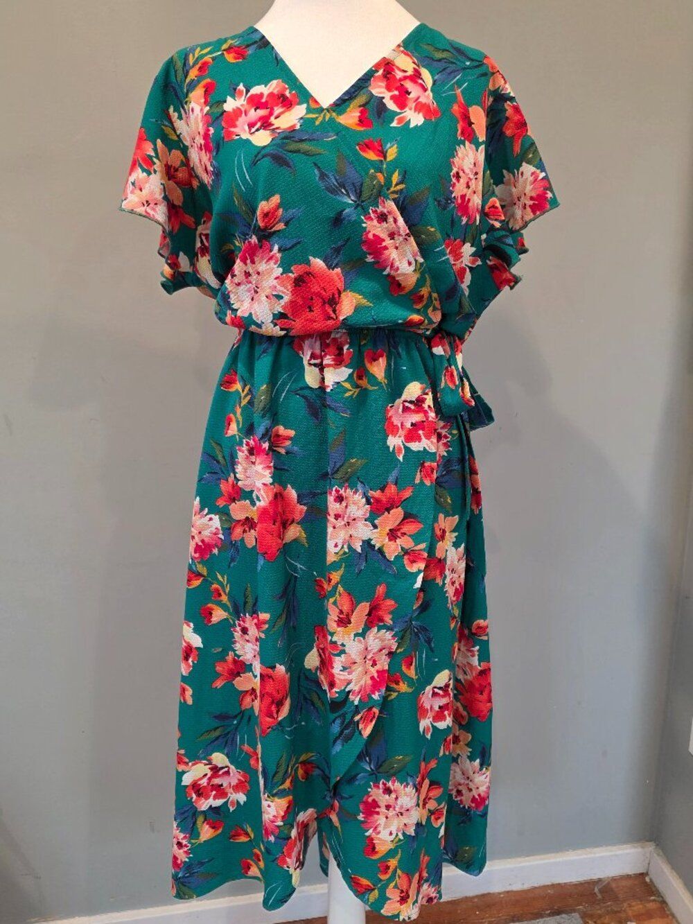 Scobe Green Floral Maxi Wrap Dress 2X Plus Size Boho Feminine Cute Flattering
